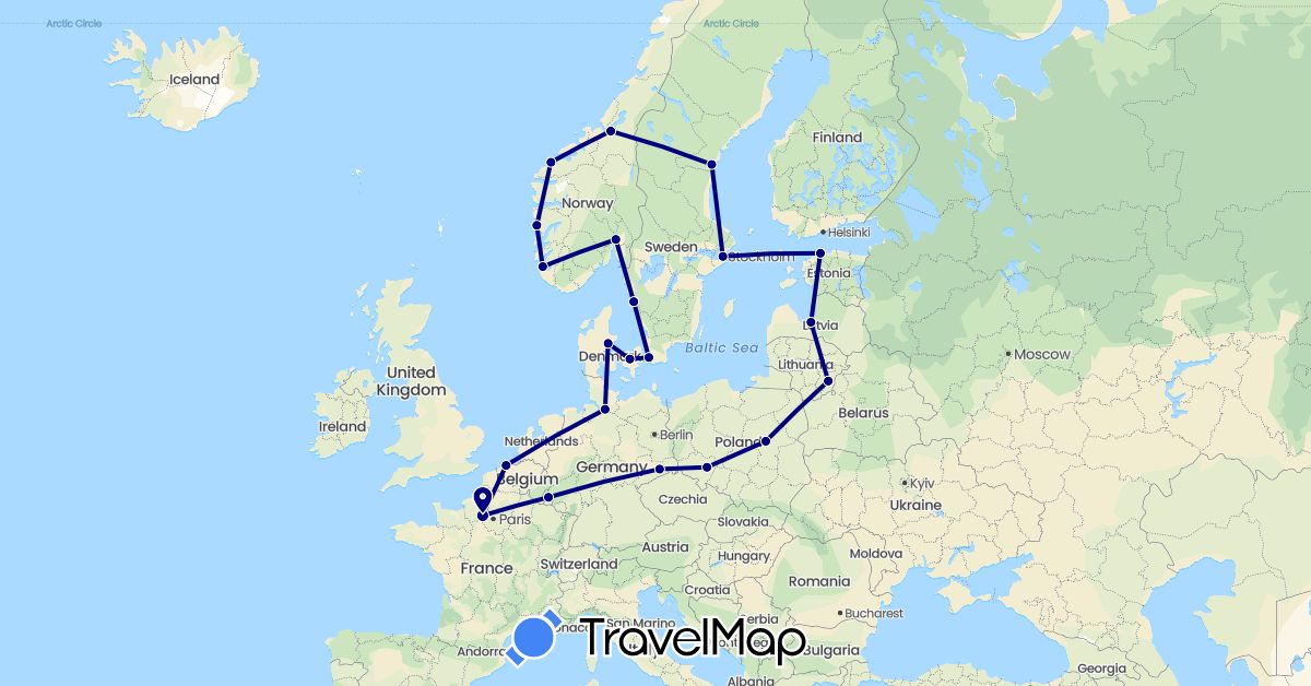 TravelMap itinerary: driving in Belgium, Germany, Denmark, Estonia, France, Lithuania, Luxembourg, Latvia, Norway, Poland, Sweden (Europe)